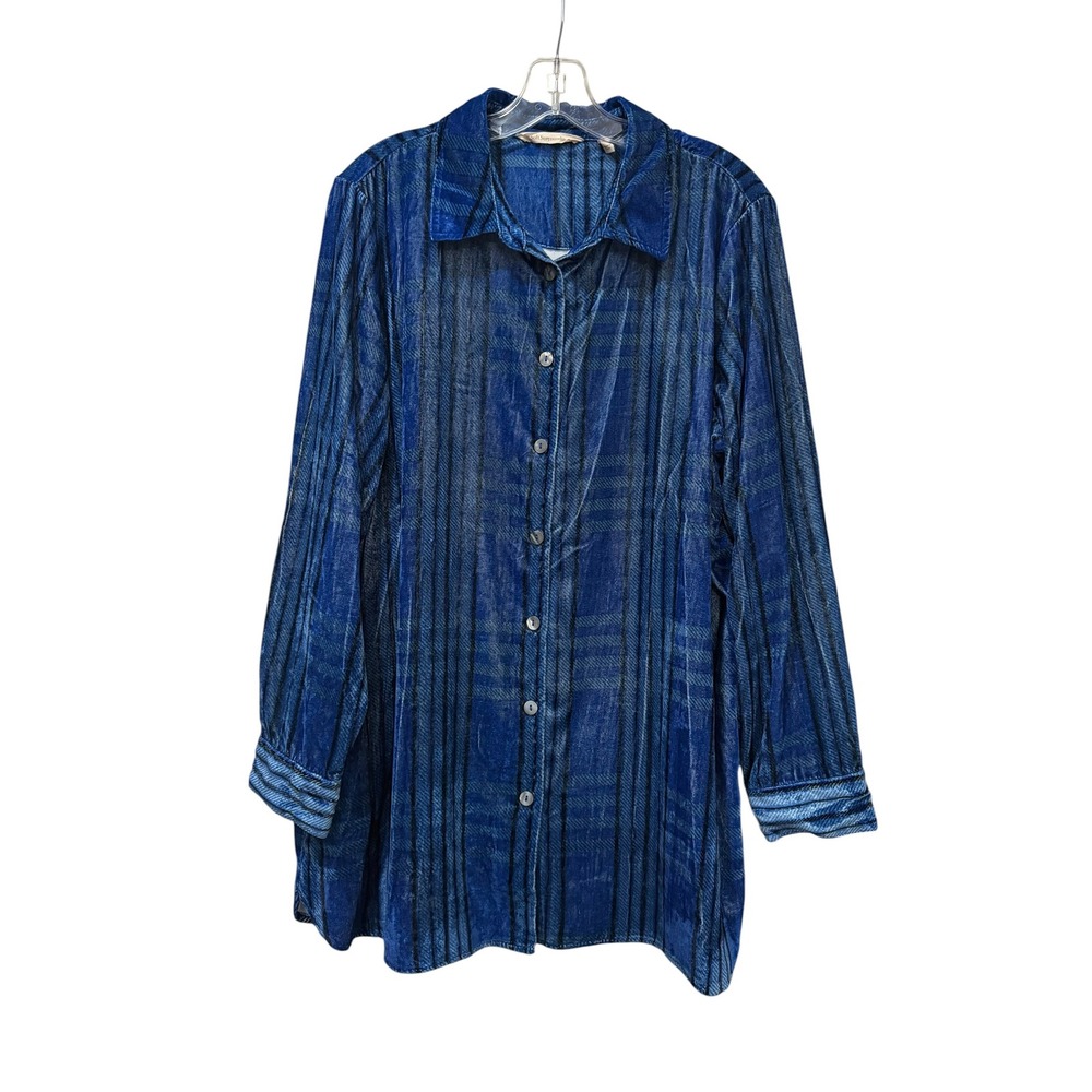 Soft Surroundings Blue Plaid Velvet Button Down Tunic Top Large 2FA36